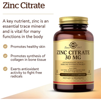 Solgar Zinc Citrate 30 Mg Vegetable Capsules   Pack Of 100