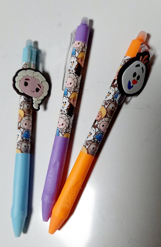 Frozen - 3x uitwisbare gelpen - oranje paars blauw - olaf en elsa - gelpennen